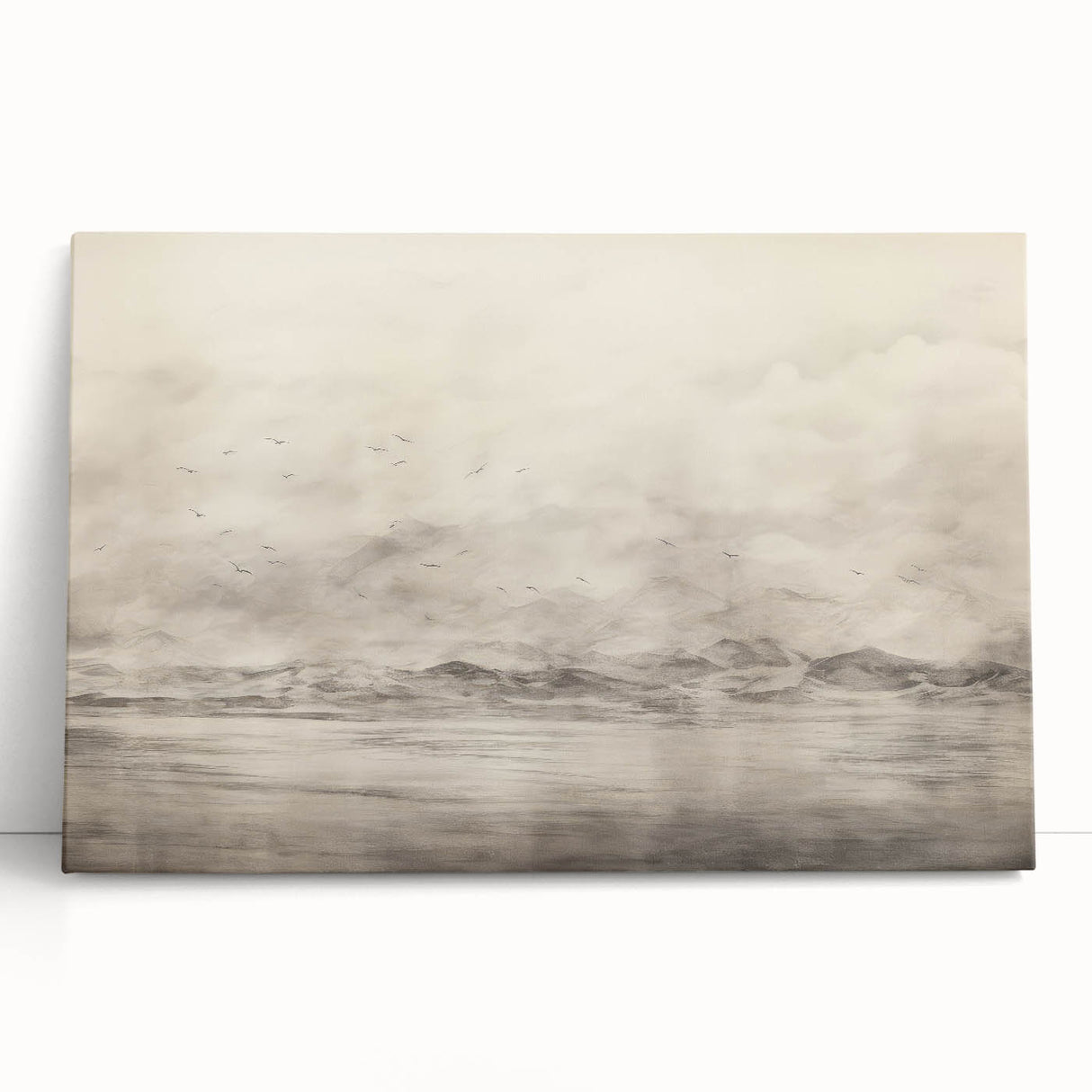 Vintage Landscape Art - Misty Mountains and Birds in Flight