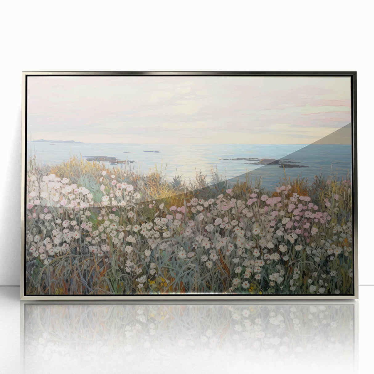 Vintage Landscape Art - Coastal Flowers and Ocean Horizon