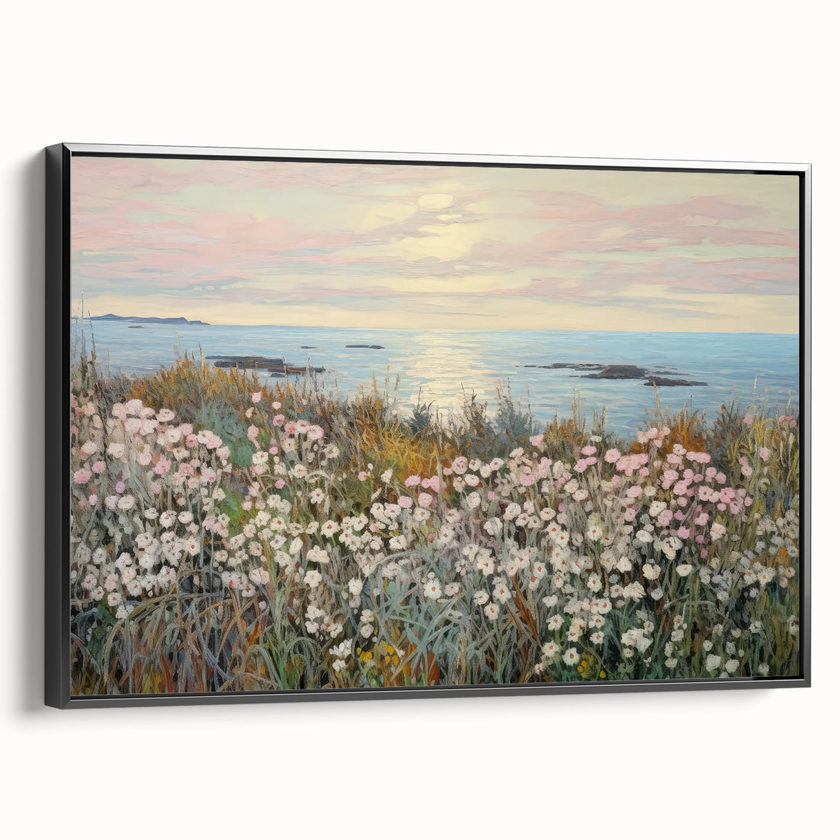 Vintage Landscape Art - Coastal Flowers and Ocean Horizon