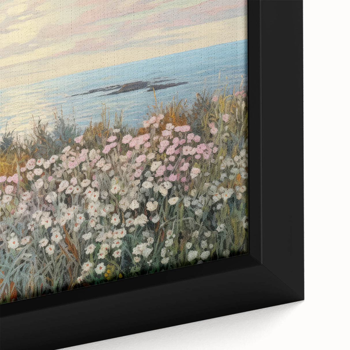 Vintage Landscape Art - Coastal Flowers and Ocean Horizon