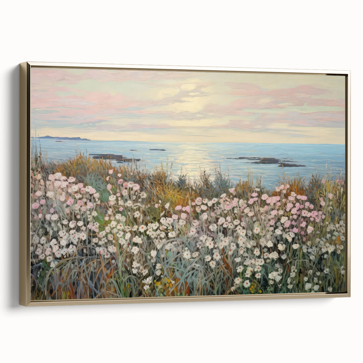 Vintage Landscape Art - Coastal Flowers and Ocean Horizon