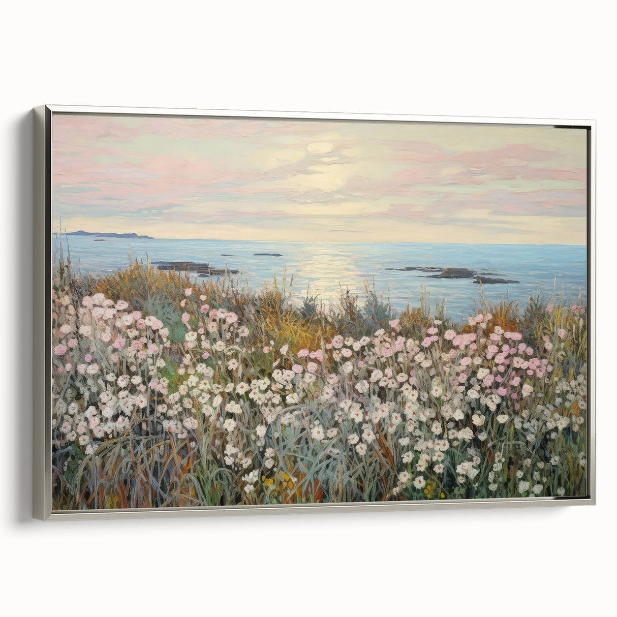 Vintage Landscape Art - Coastal Flowers and Ocean Horizon