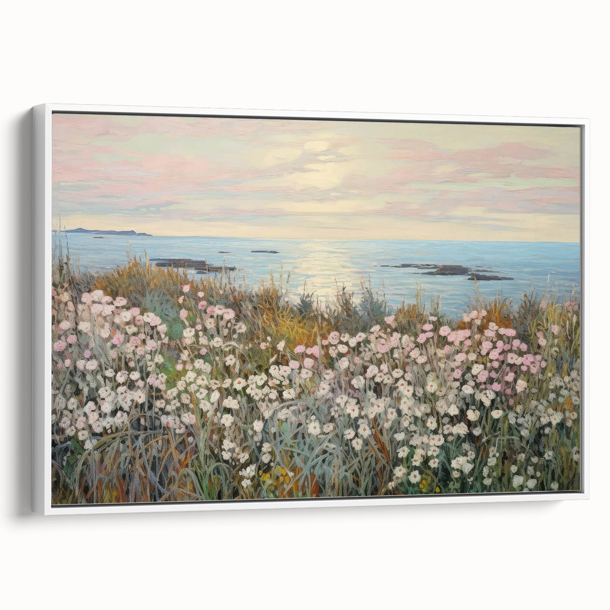 Vintage Landscape Art - Coastal Flowers and Ocean Horizon
