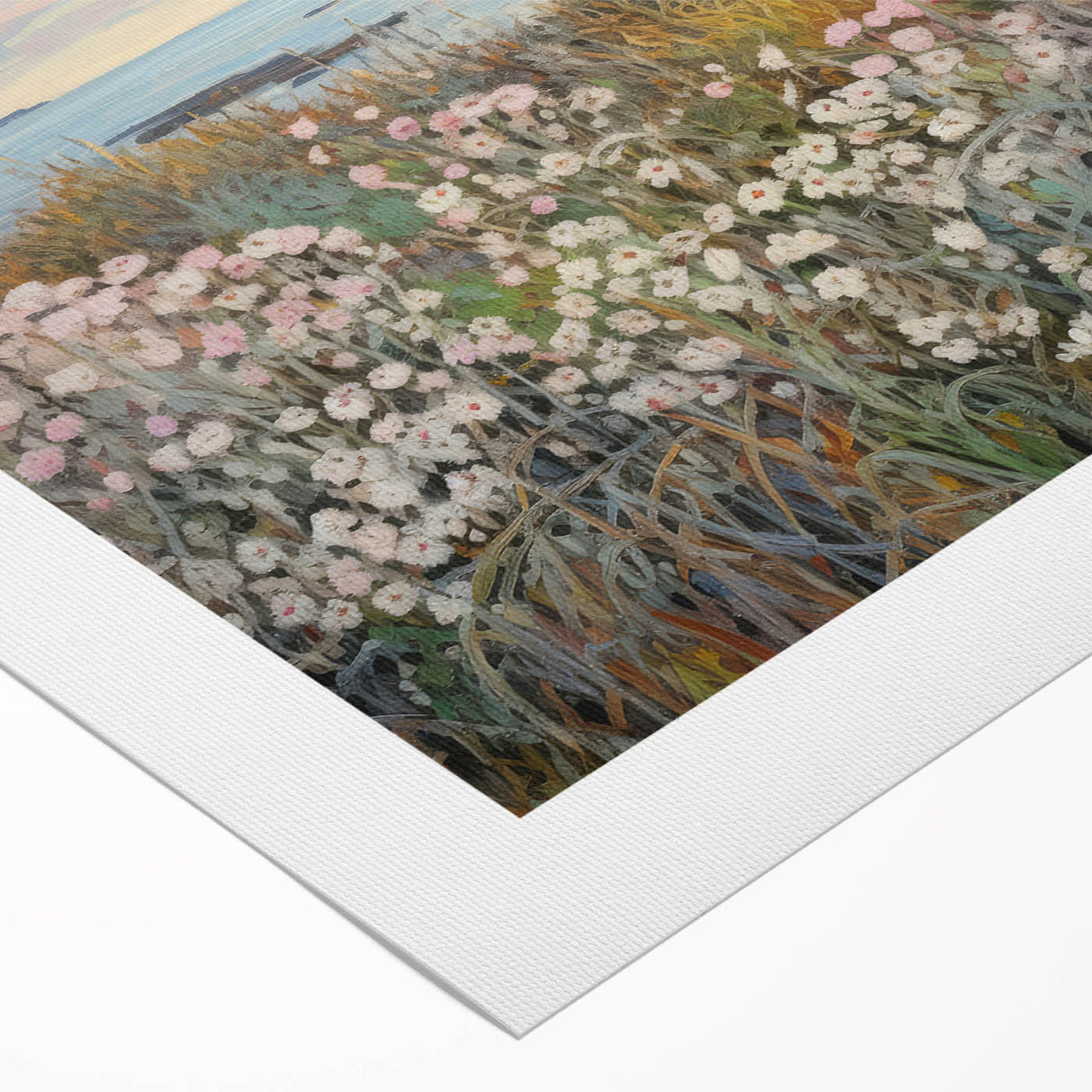 Vintage Landscape Art - Coastal Flowers and Ocean Horizon