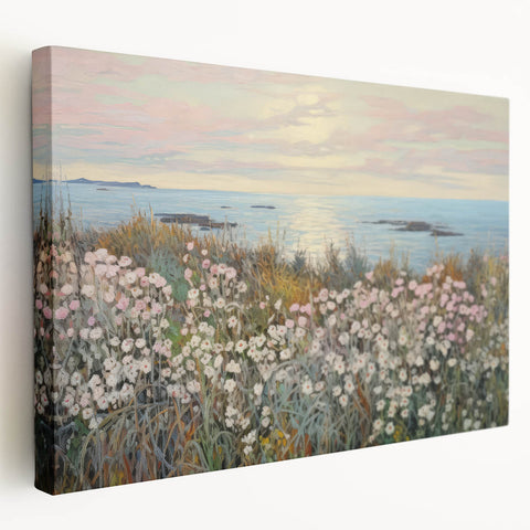 Vintage Landscape Art - Coastal Flowers and Ocean Horizon