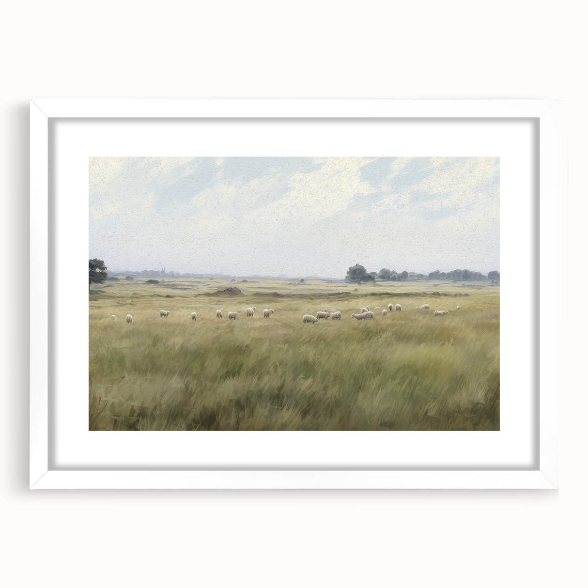 Vintage Landscape Art - Grazing Sheep in a Serene Meadow