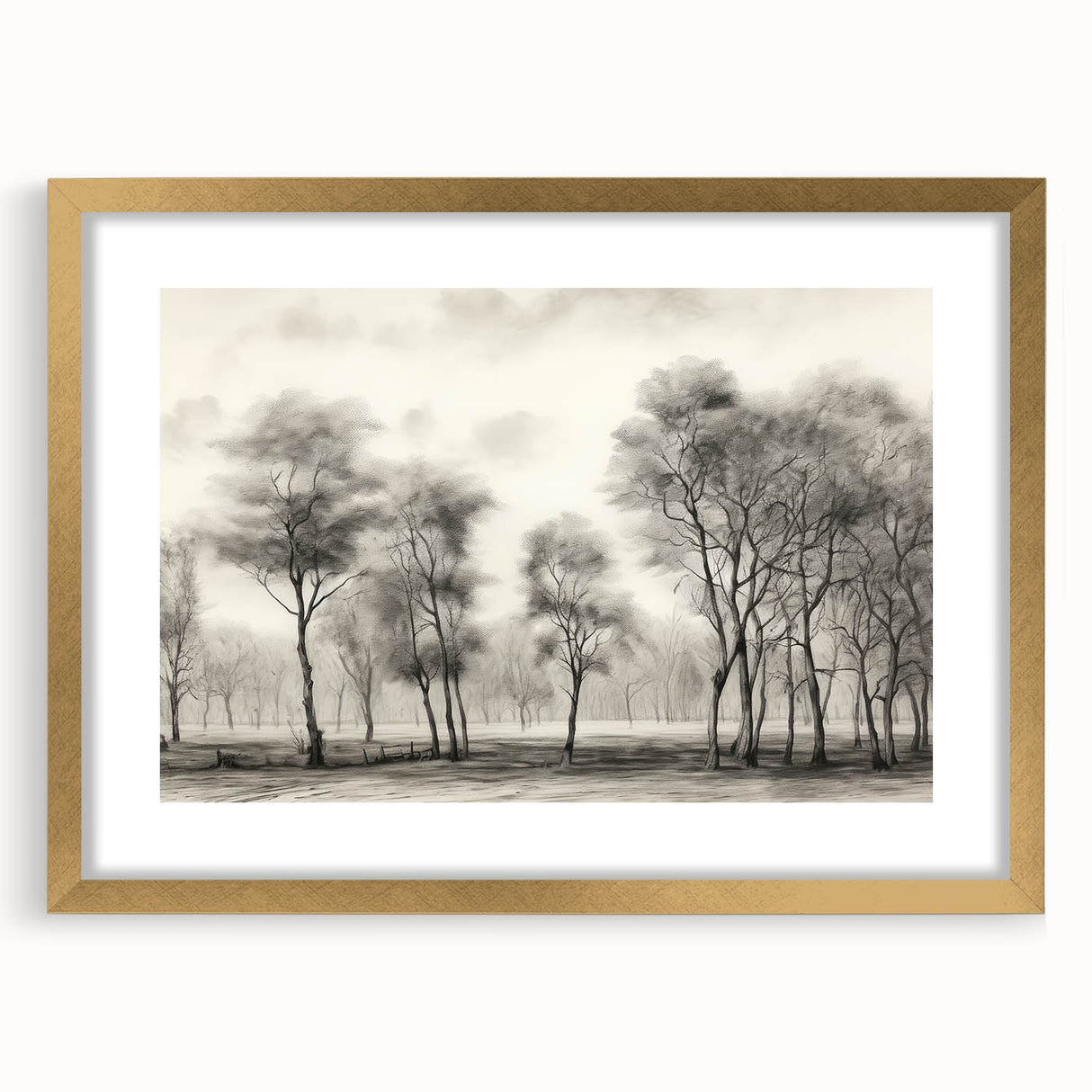 Vintage Landscape Art - Misty Forest with Bare Trees