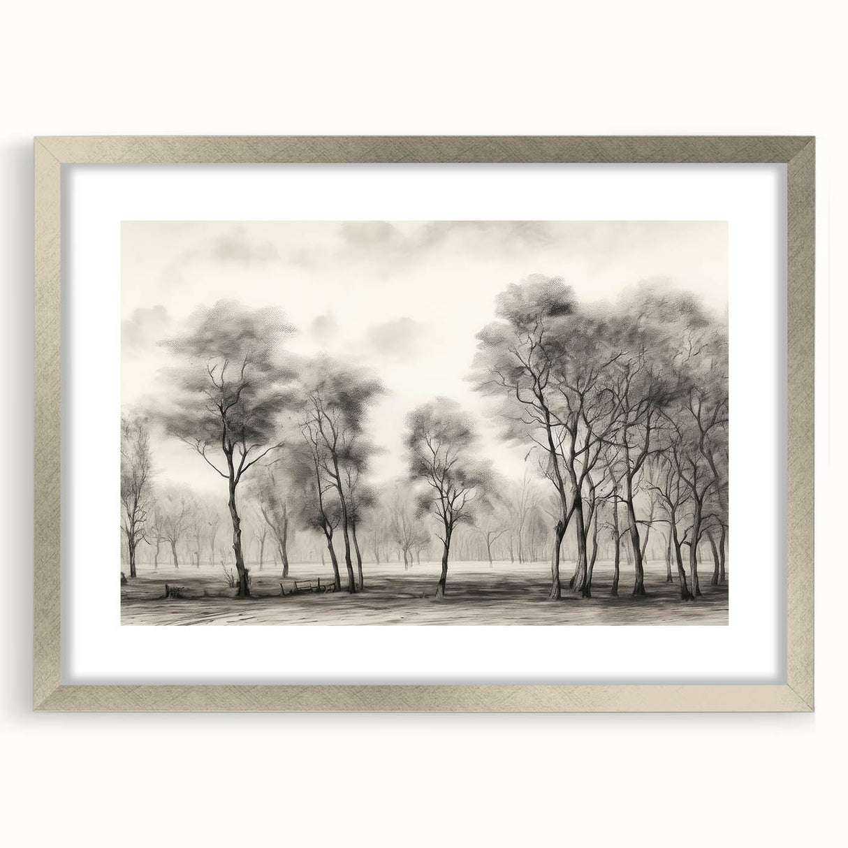 Vintage Landscape Art - Misty Forest with Bare Trees