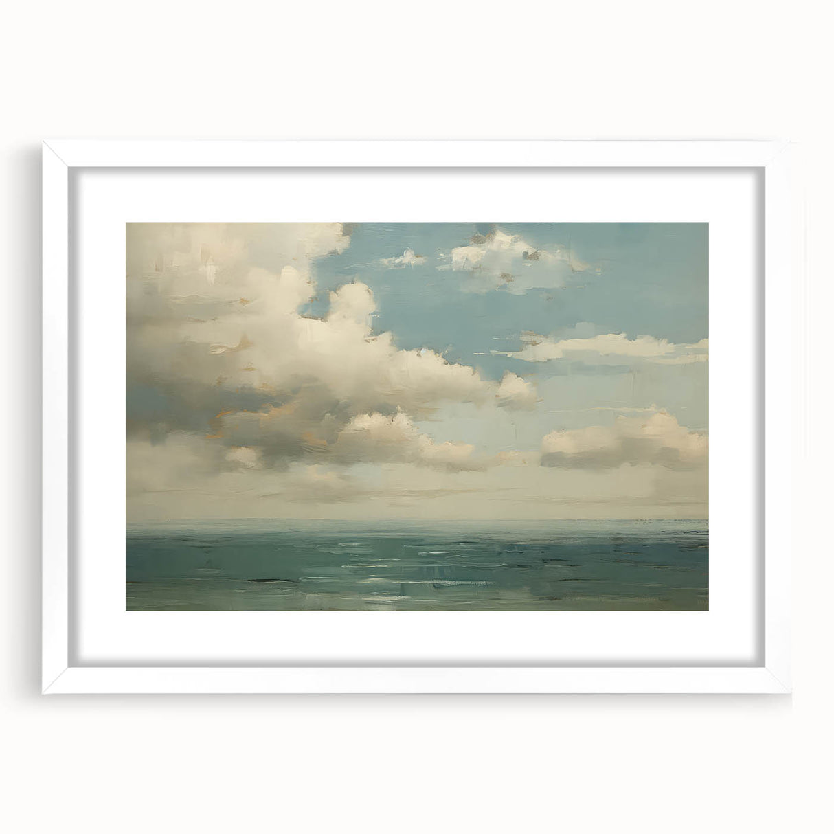 Vintage Landscape Art - Calm Ocean with Soft Clouds