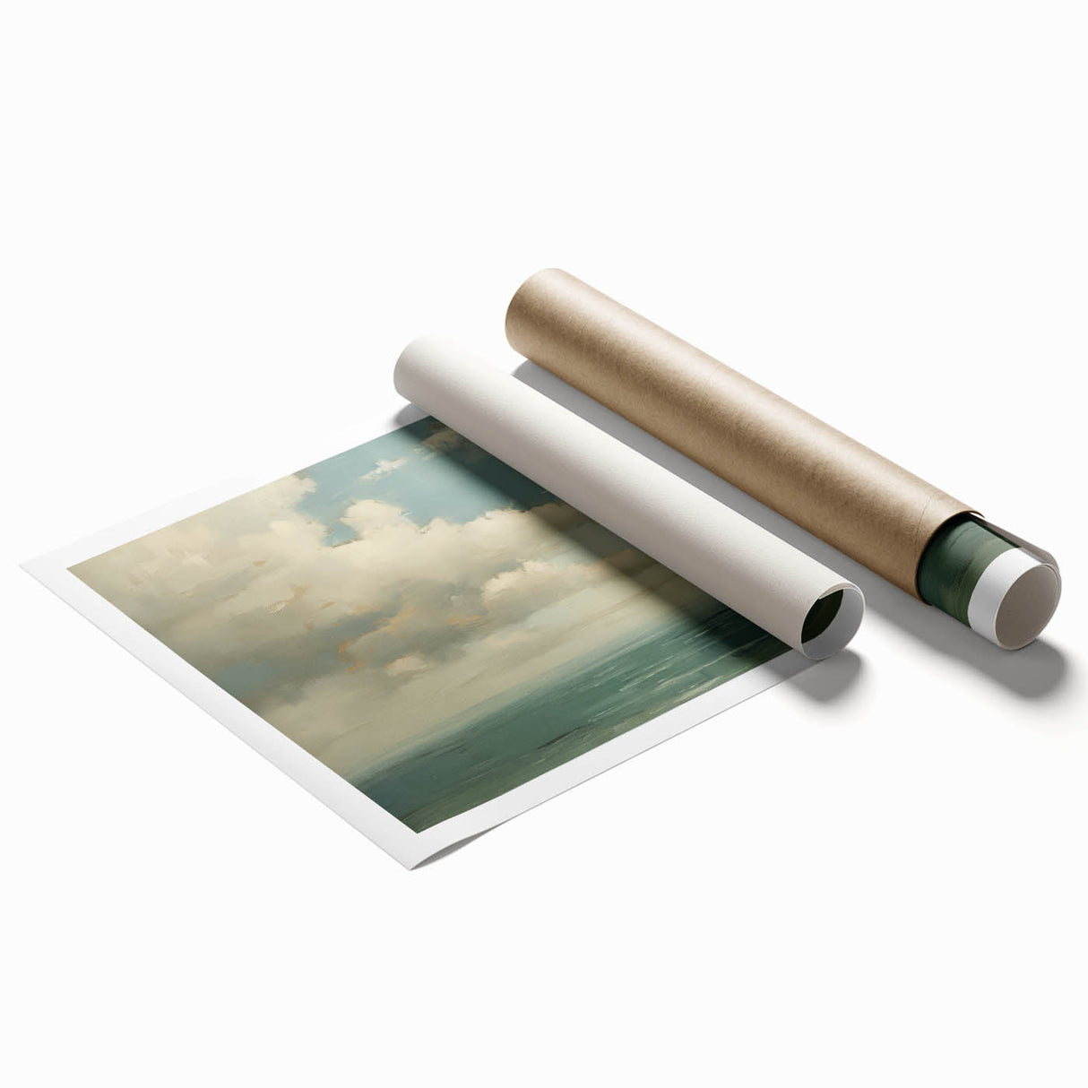 Vintage Landscape Art - Calm Ocean with Soft Clouds