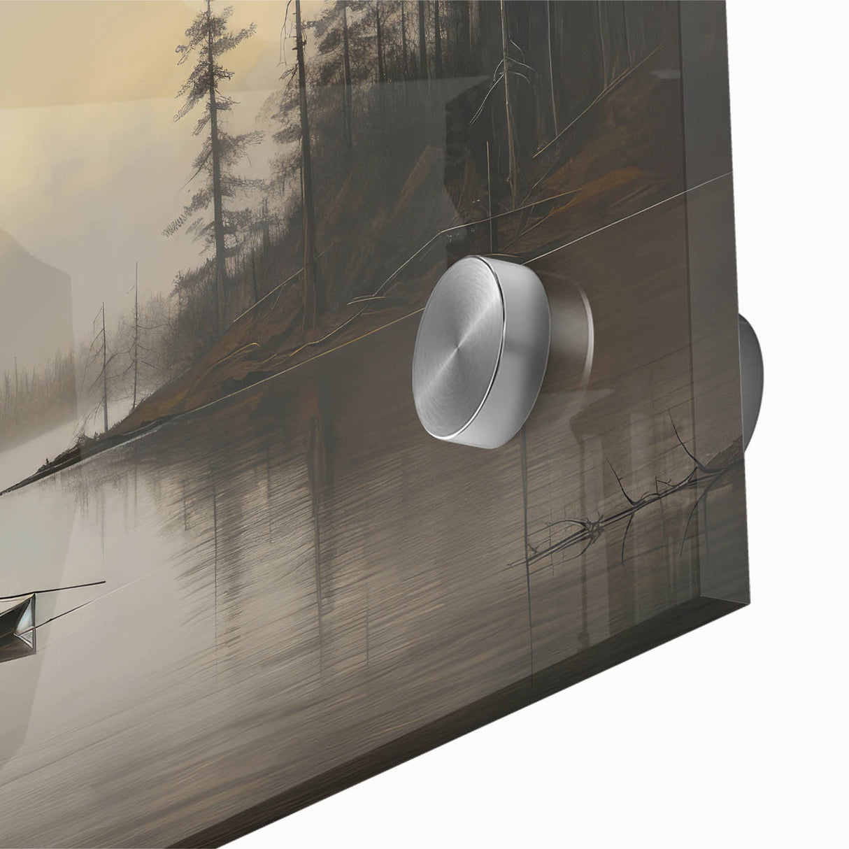 Vintage Boat in Foggy Lake Landscape Art - Tranquil Forest Scene