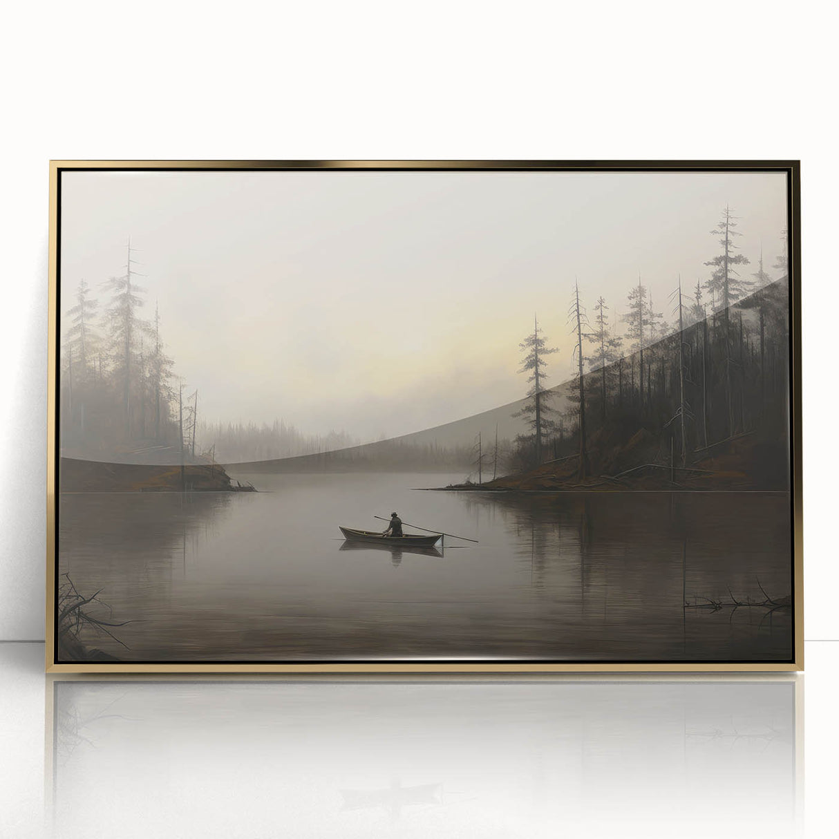 Vintage Boat in Foggy Lake Landscape Art - Tranquil Forest Scene