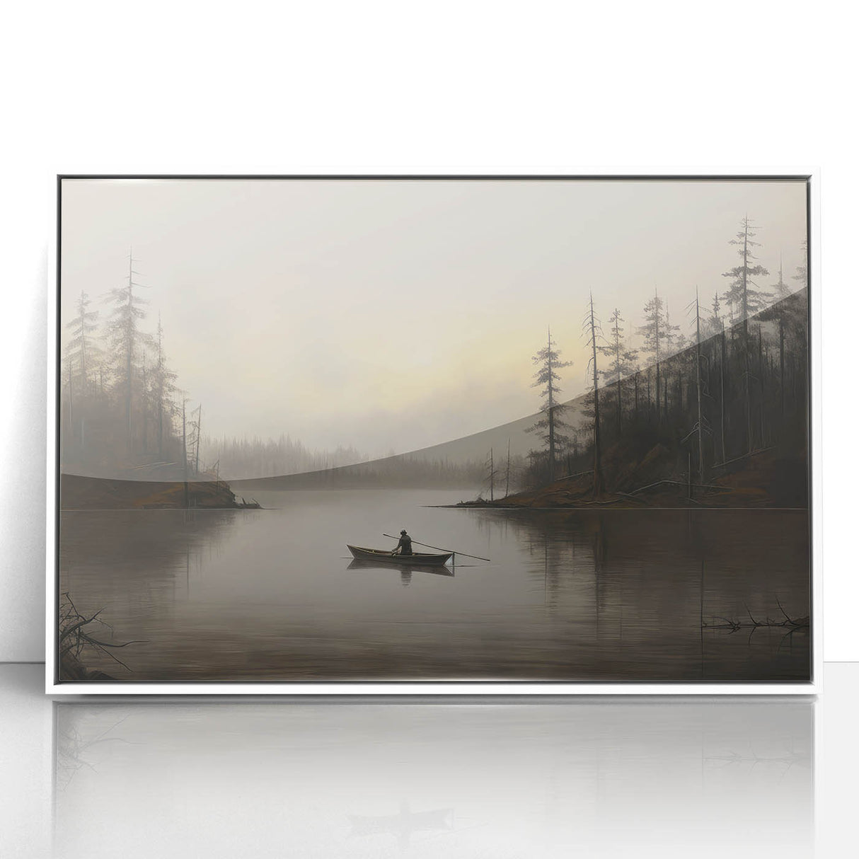 Vintage Boat in Foggy Lake Landscape Art - Tranquil Forest Scene