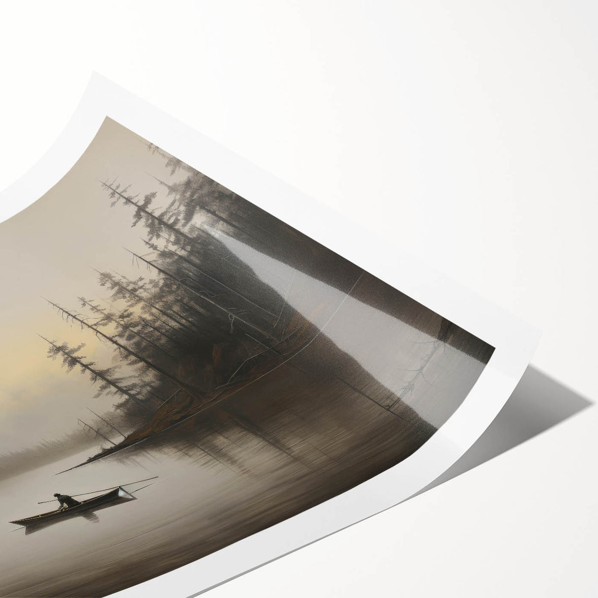 Vintage Boat in Foggy Lake Landscape Art - Tranquil Forest Scene