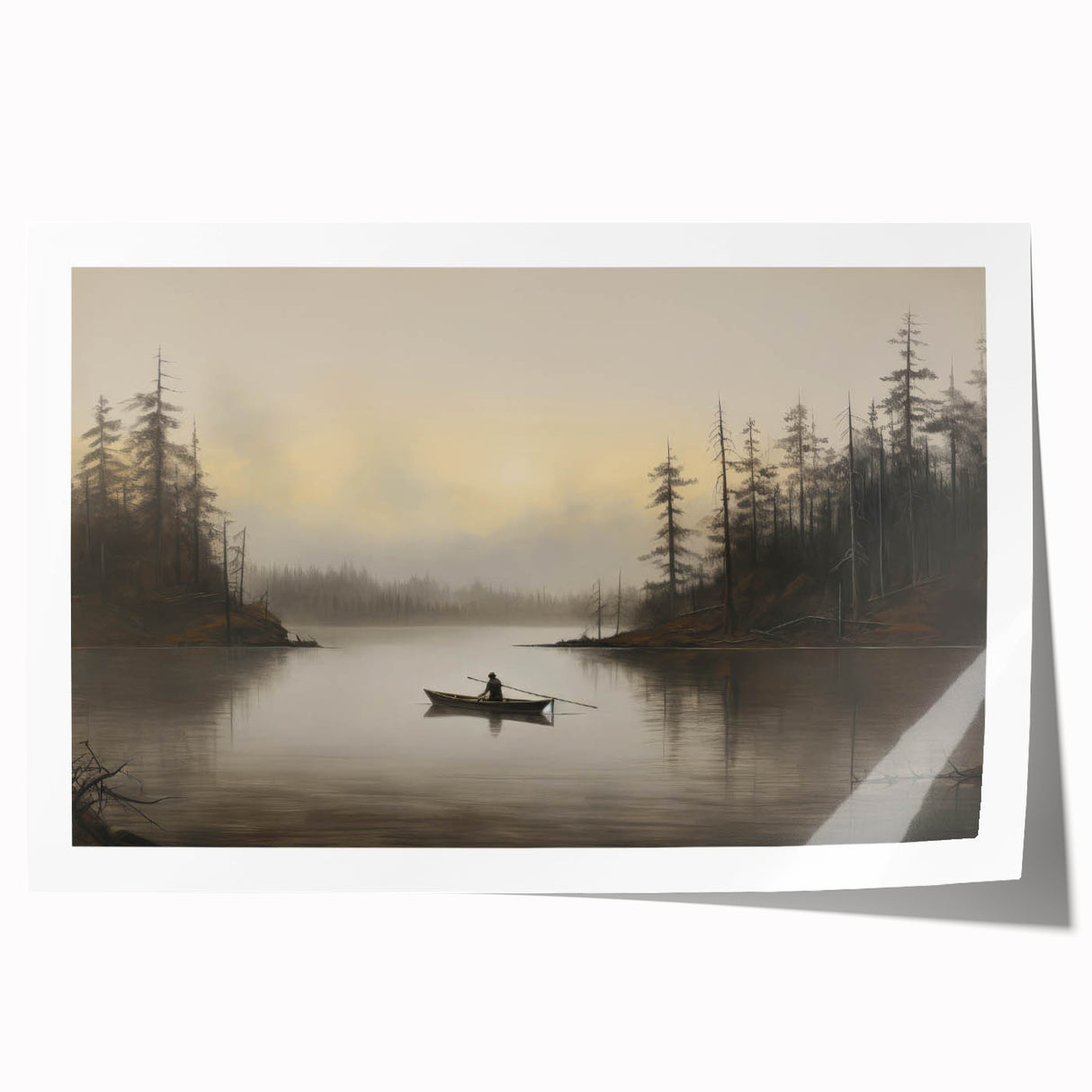 Vintage Boat in Foggy Lake Landscape Art - Tranquil Forest Scene