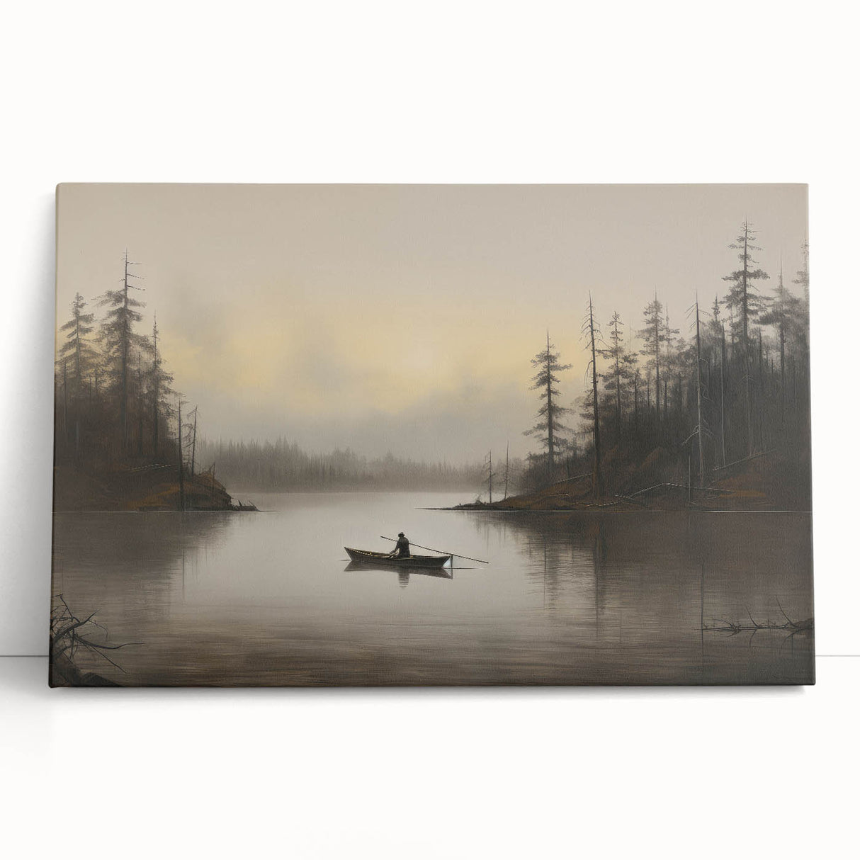 Vintage Boat in Foggy Lake Landscape Art - Tranquil Forest Scene