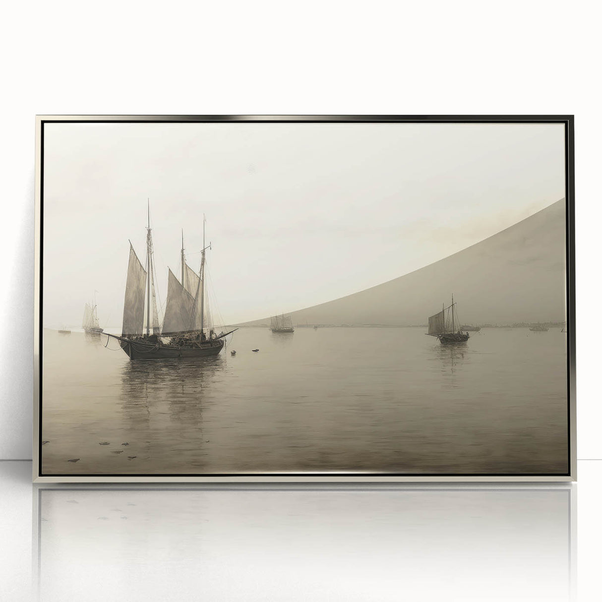 Vintage Landscape Art – Sailboats on Serene Sea in Antique Tones