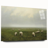 Vintage Landscape Art – Sheep Grazing in Serene Green Countryside