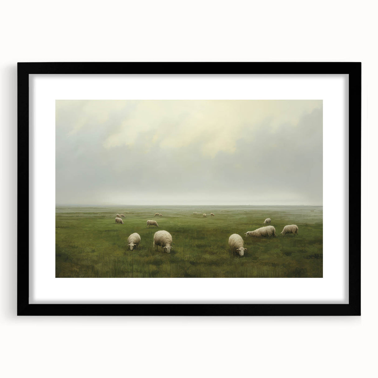 Vintage Landscape Art – Sheep Grazing in Serene Green Countryside