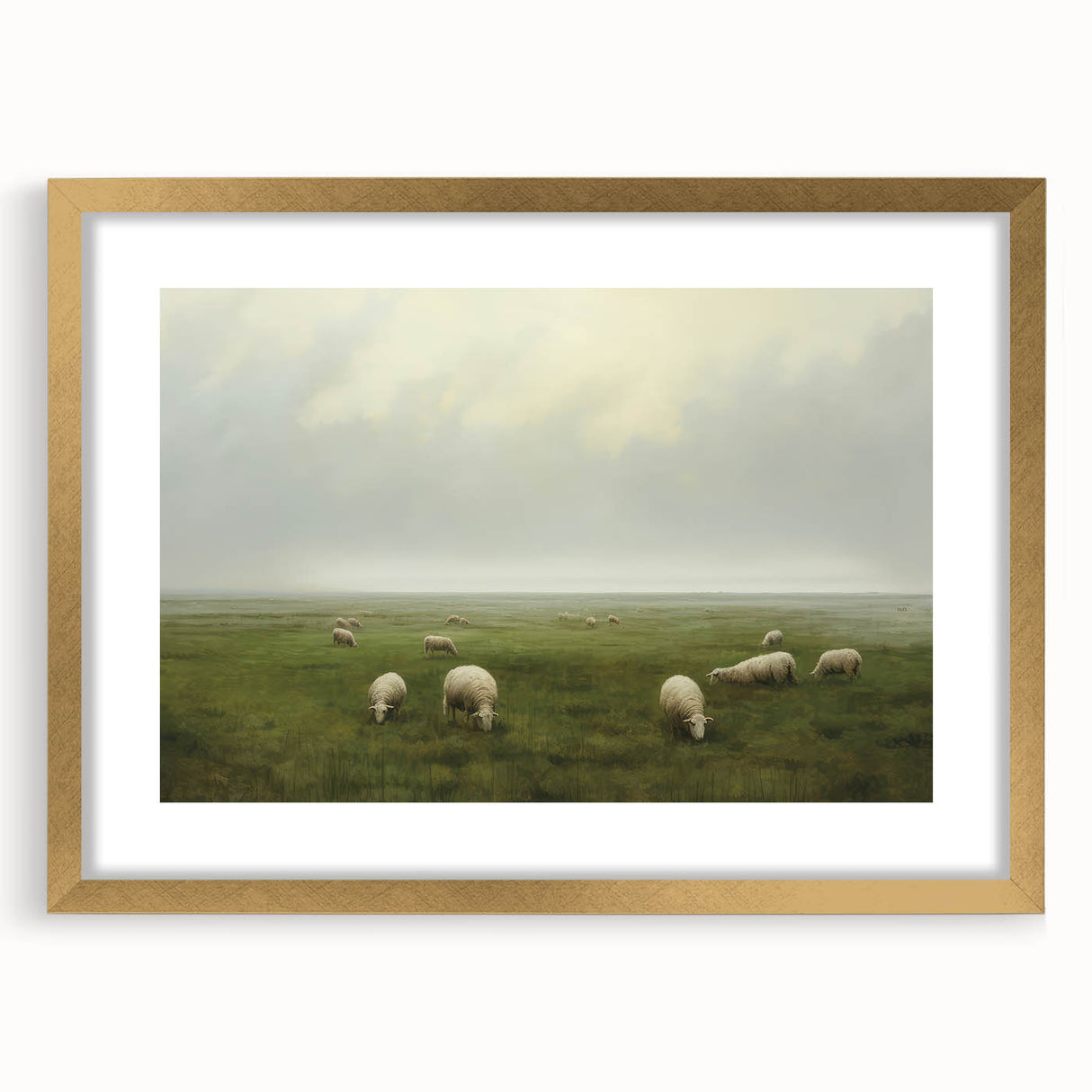 Vintage Landscape Art – Sheep Grazing in Serene Green Countryside