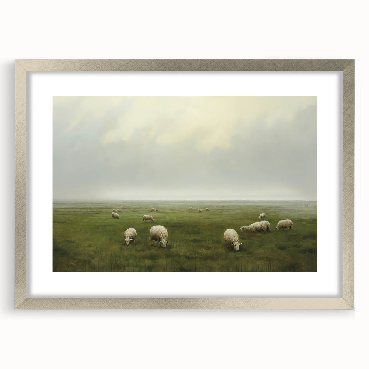 Vintage Landscape Art – Sheep Grazing in Serene Green Countryside