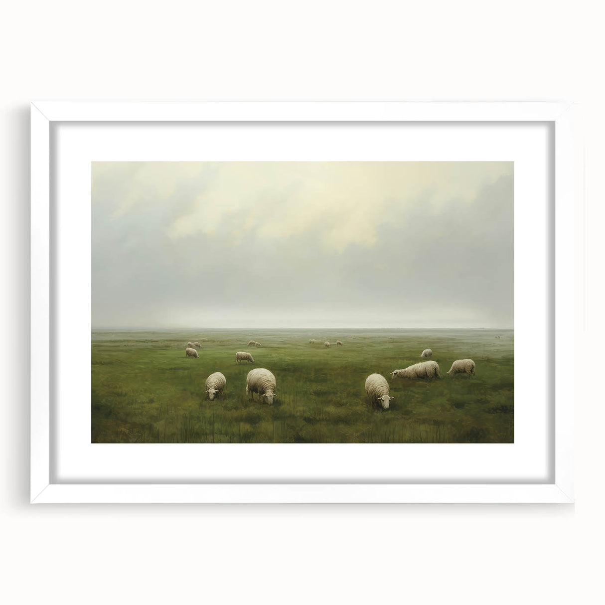 Vintage Landscape Art – Sheep Grazing in Serene Green Countryside