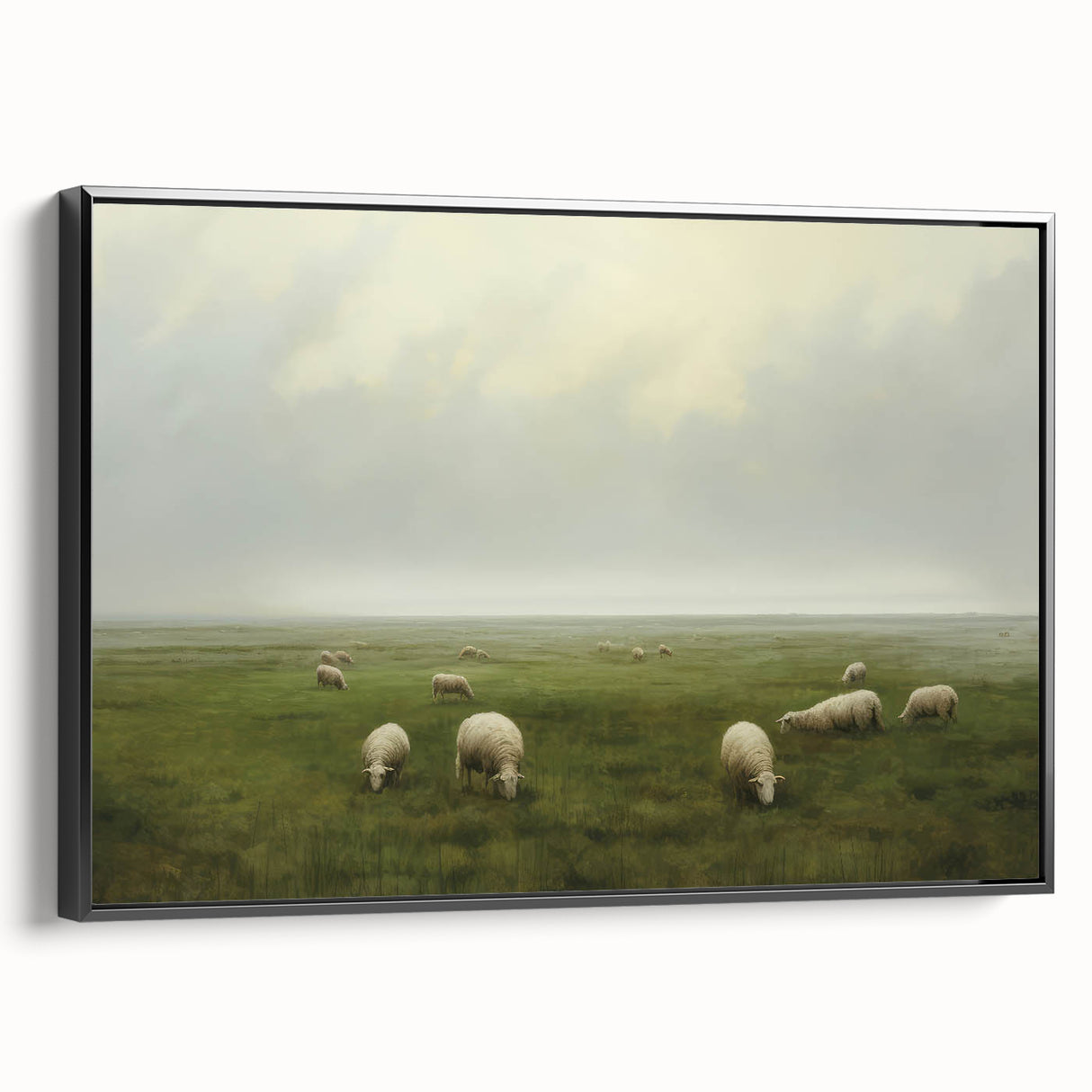 Vintage Landscape Art – Sheep Grazing in Serene Green Countryside