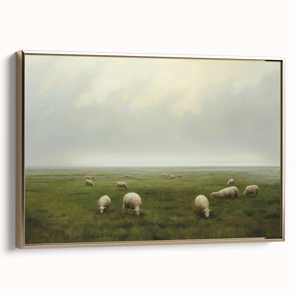 Vintage Landscape Art – Sheep Grazing in Serene Green Countryside