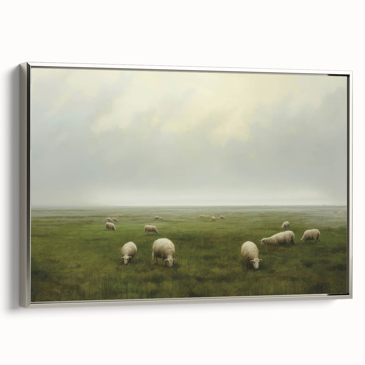 Vintage Landscape Art – Sheep Grazing in Serene Green Countryside