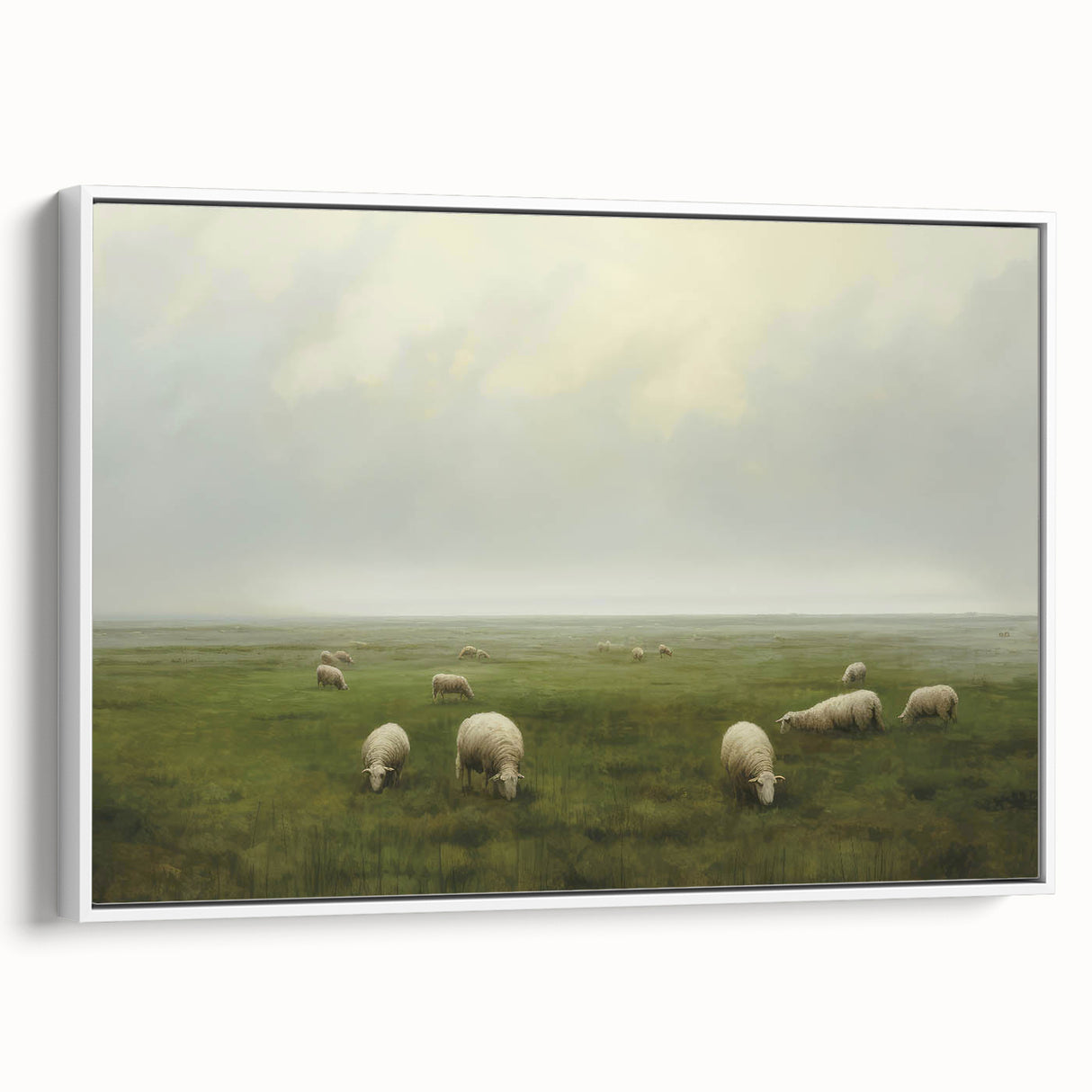Vintage Landscape Art – Sheep Grazing in Serene Green Countryside