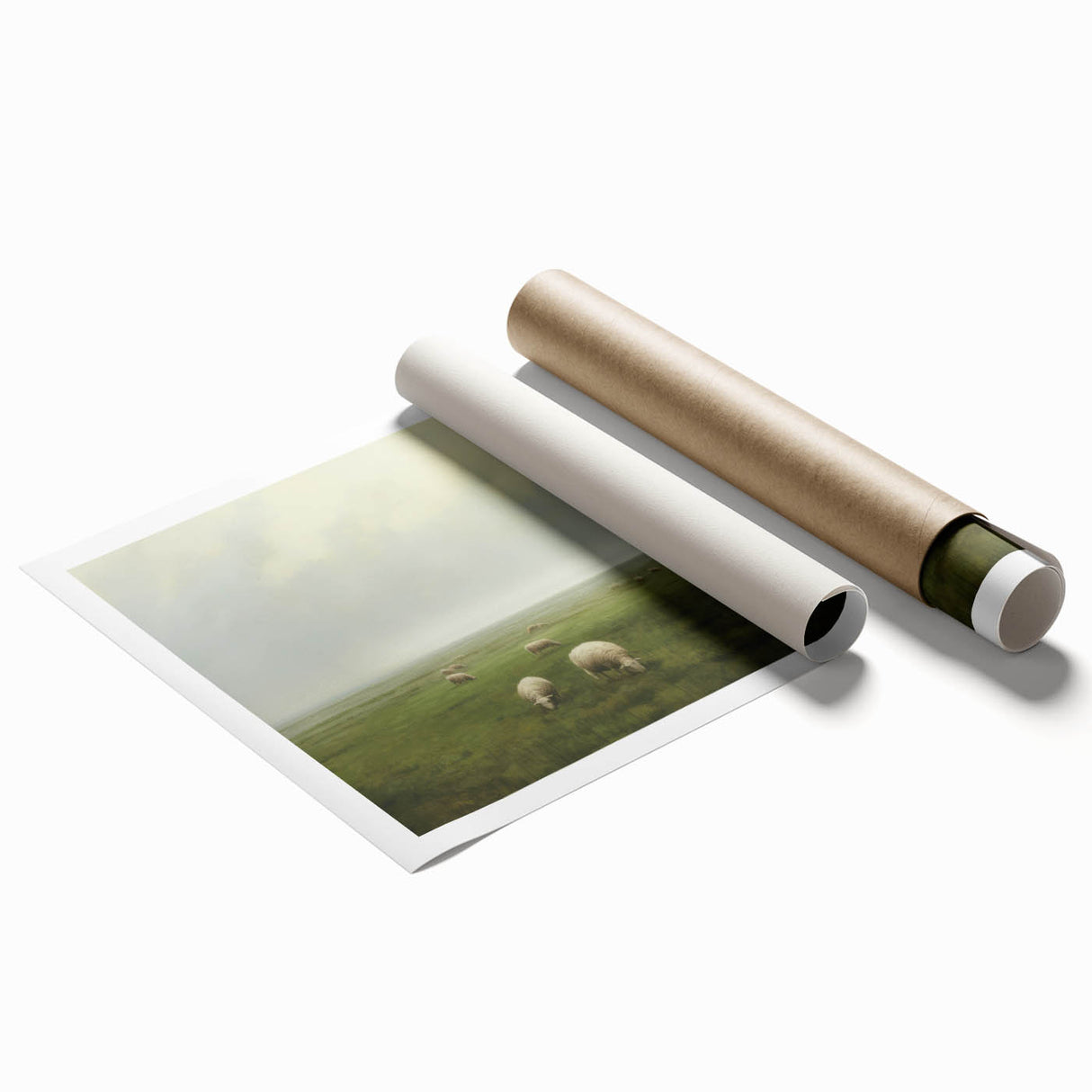Vintage Landscape Art – Sheep Grazing in Serene Green Countryside