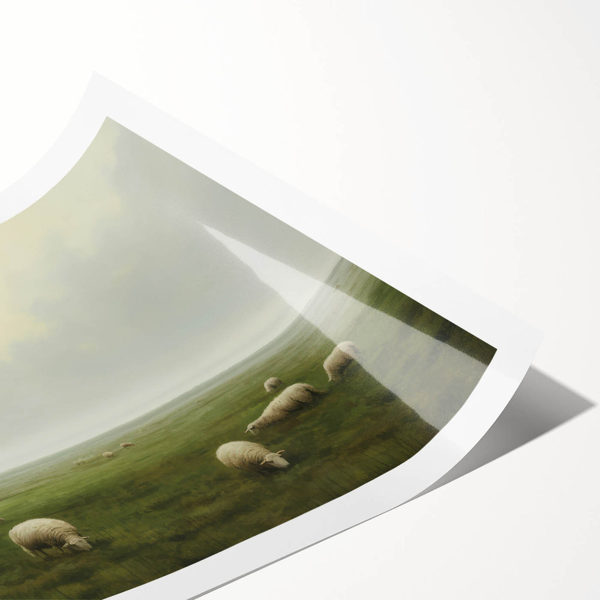 Vintage Landscape Art – Sheep Grazing in Serene Green Countryside