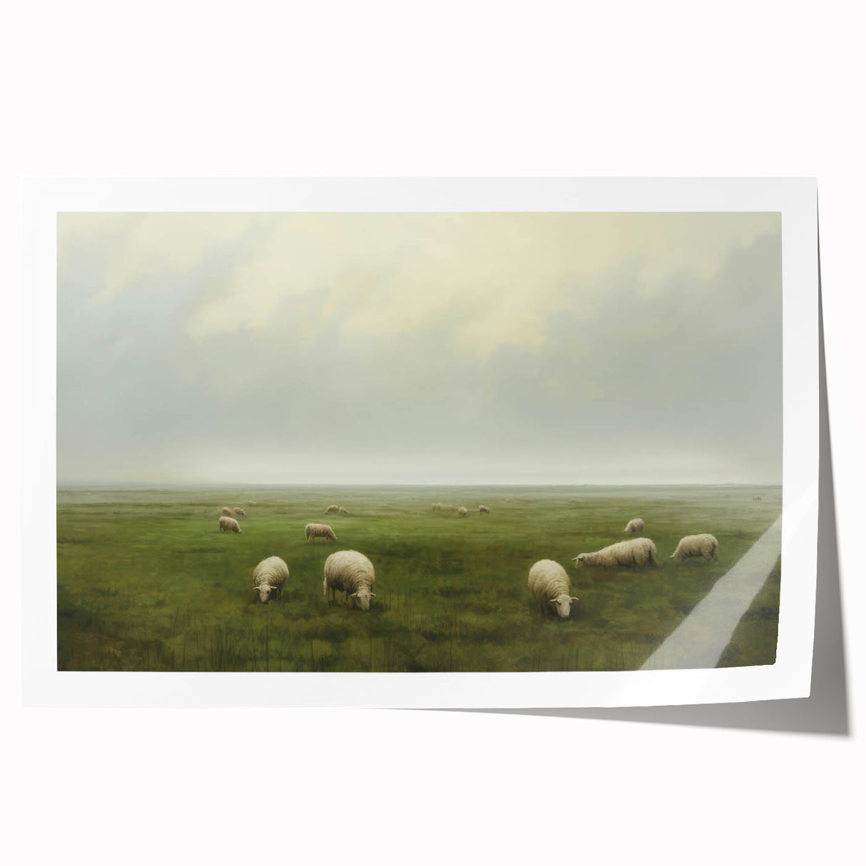 Vintage Landscape Art – Sheep Grazing in Serene Green Countryside