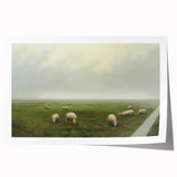 Vintage Landscape Art – Sheep Grazing in Serene Green Countryside