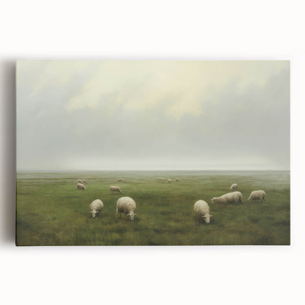 Vintage Landscape Art – Sheep Grazing in Serene Green Countryside
