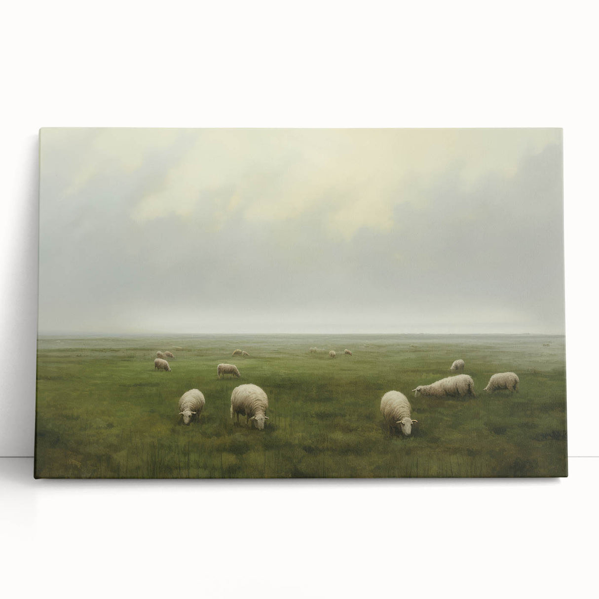 Vintage Landscape Art – Sheep Grazing in Serene Green Countryside