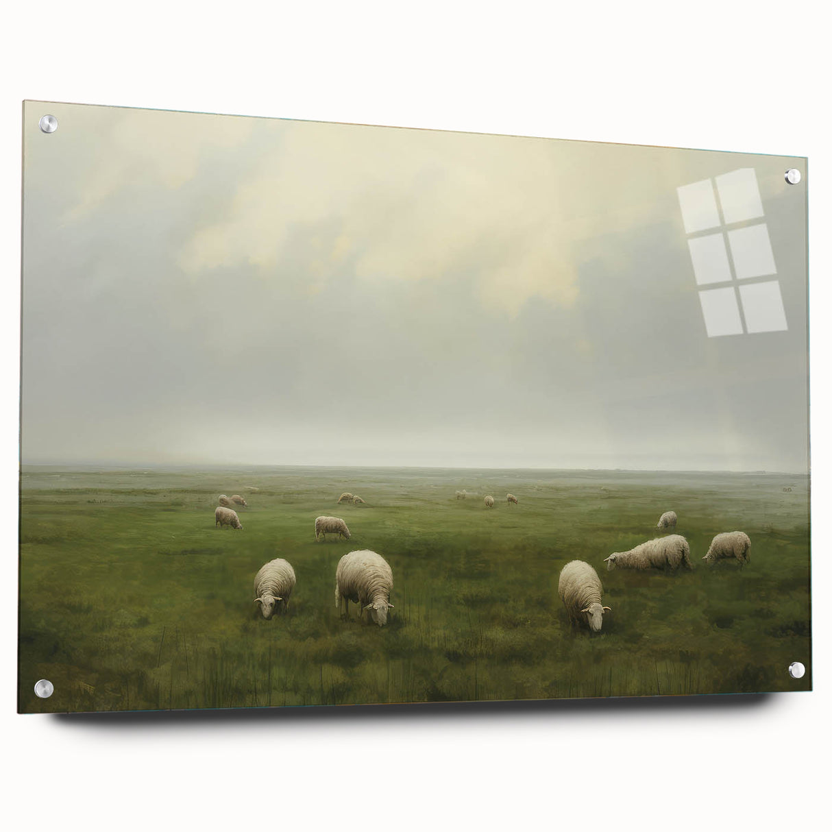 Vintage Landscape Art – Sheep Grazing in Serene Green Countryside