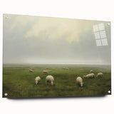 Vintage Landscape Art – Sheep Grazing in Serene Green Countryside