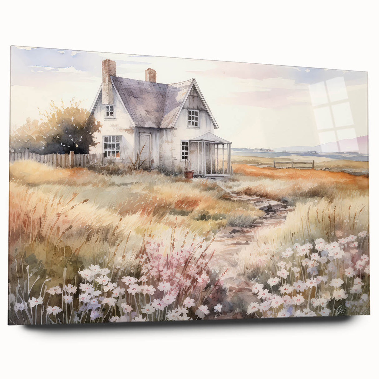Vintage Landscape Art – Rustic House with Flowers and Warm Tones