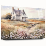Vintage Landscape Art – Rustic House with Flowers and Warm Tones