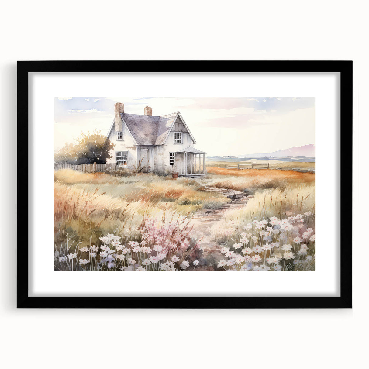 Vintage Landscape Art – Rustic House with Flowers and Warm Tones