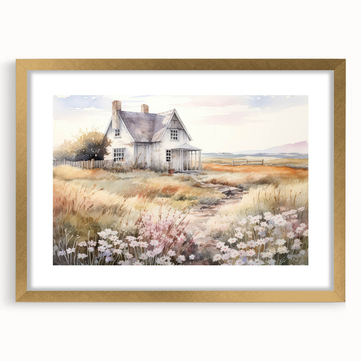 Vintage Landscape Art – Rustic House with Flowers and Warm Tones