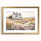 Vintage Landscape Art – Rustic House with Flowers and Warm Tones