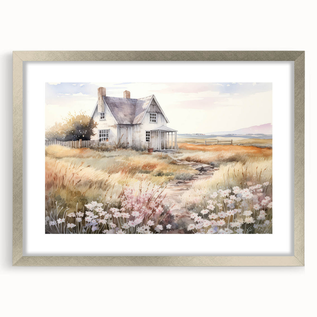 Vintage Landscape Art – Rustic House with Flowers and Warm Tones