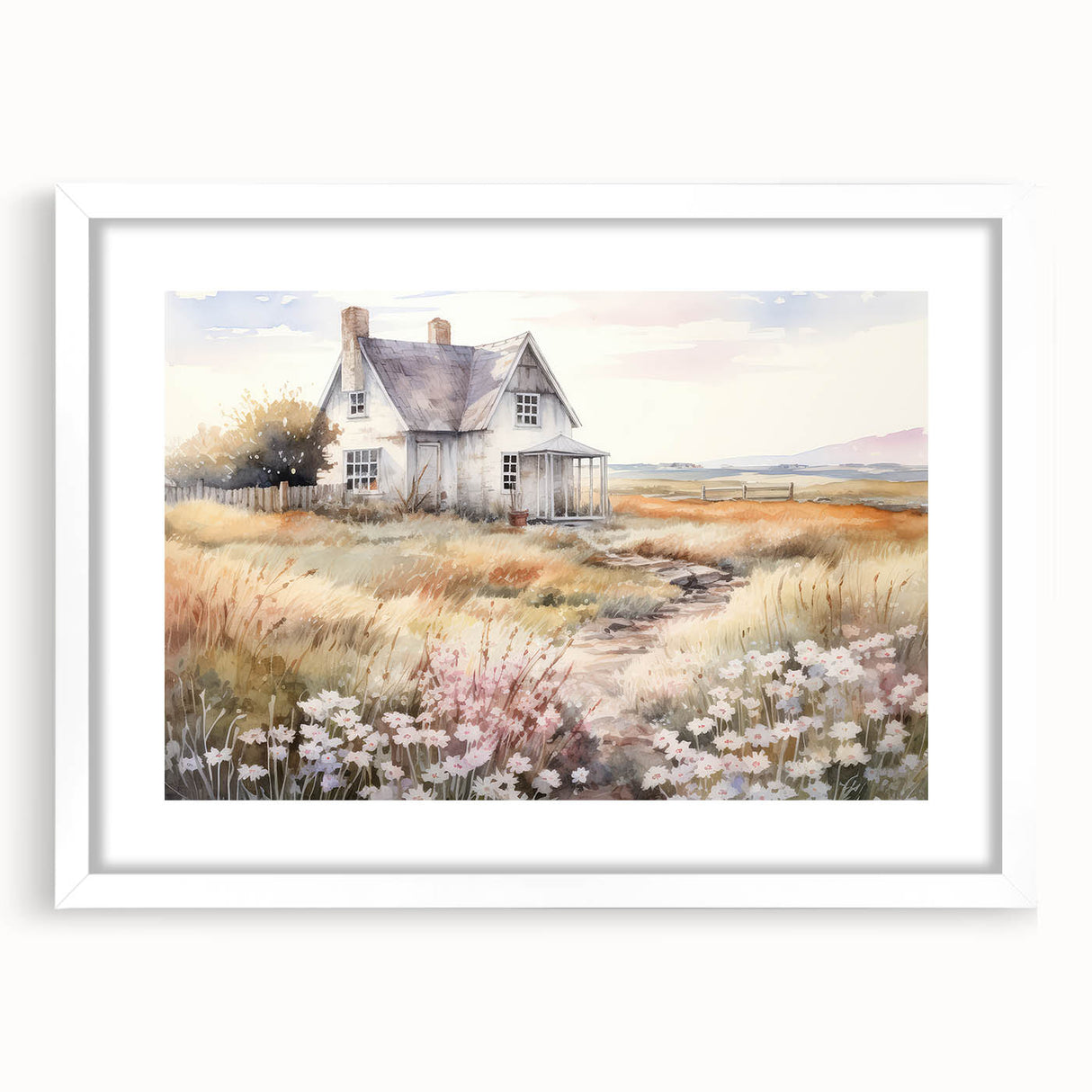 Vintage Landscape Art – Rustic House with Flowers and Warm Tones