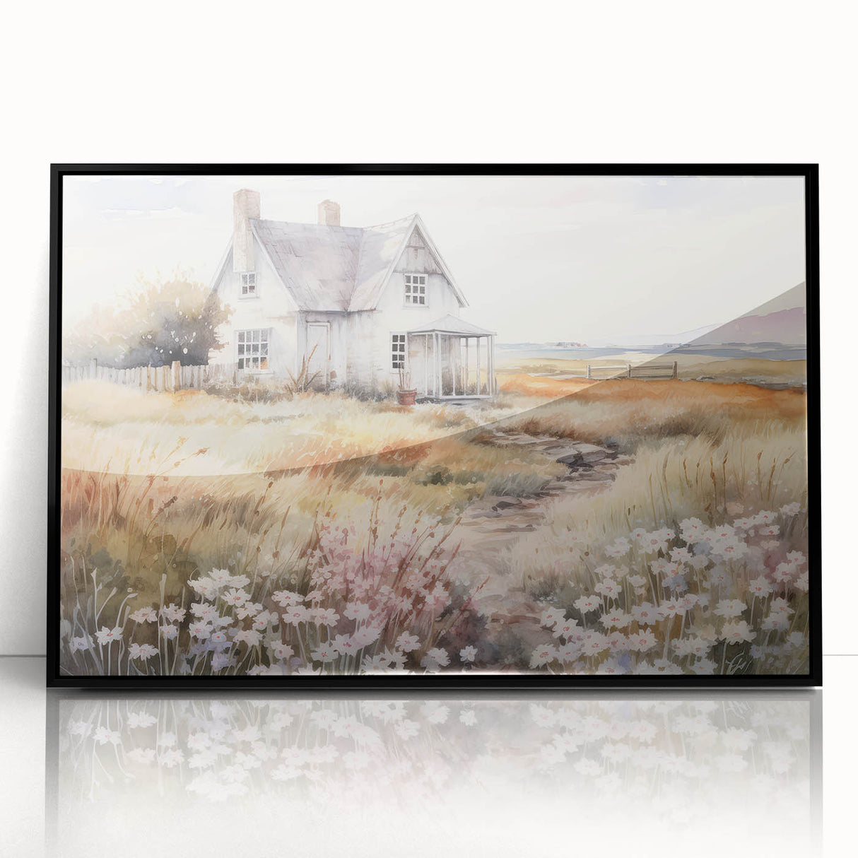 Vintage Landscape Art – Rustic House with Flowers and Warm Tones