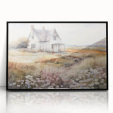Vintage Landscape Art – Rustic House with Flowers and Warm Tones