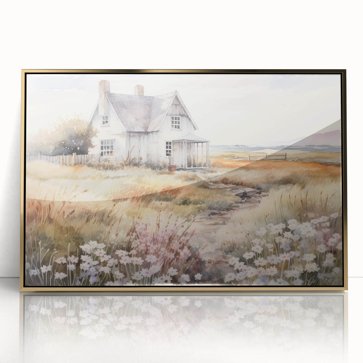 Vintage Landscape Art – Rustic House with Flowers and Warm Tones