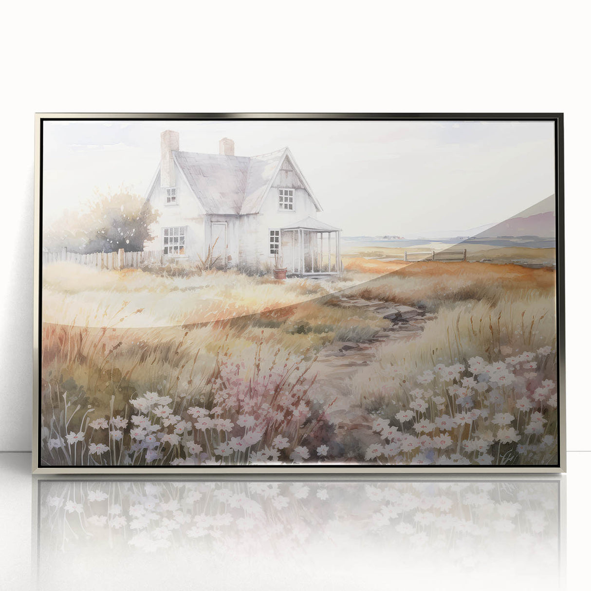 Vintage Landscape Art – Rustic House with Flowers and Warm Tones