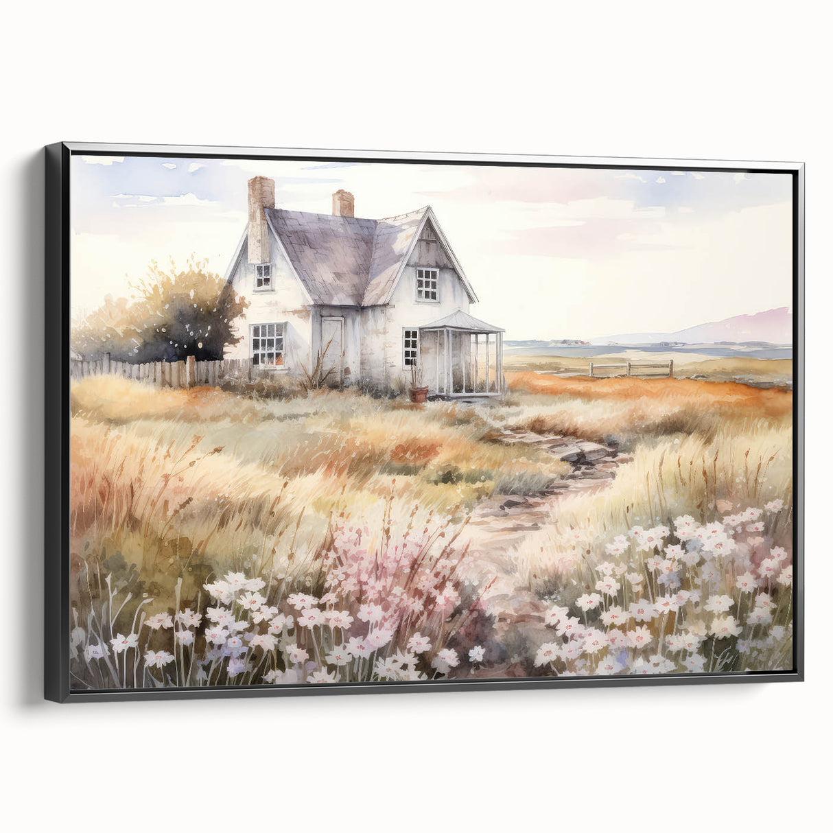 Vintage Landscape Art – Rustic House with Flowers and Warm Tones